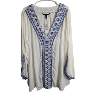 WHBM Plus Size Embroidered V Neck Split Sleeve Boho Hippie Festival Tunic 14